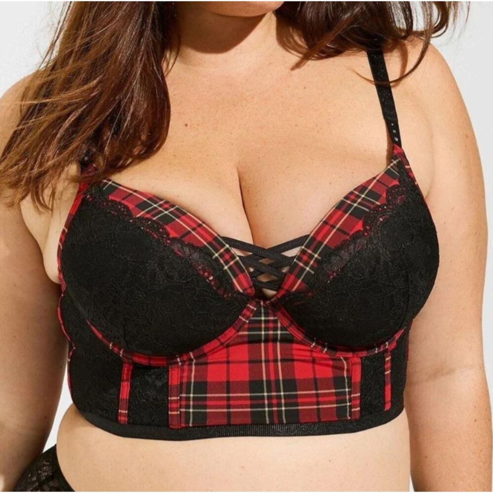 Torrid XO Plunge Push-Up Bra Noelle Plaid Lace Jester Red 50C